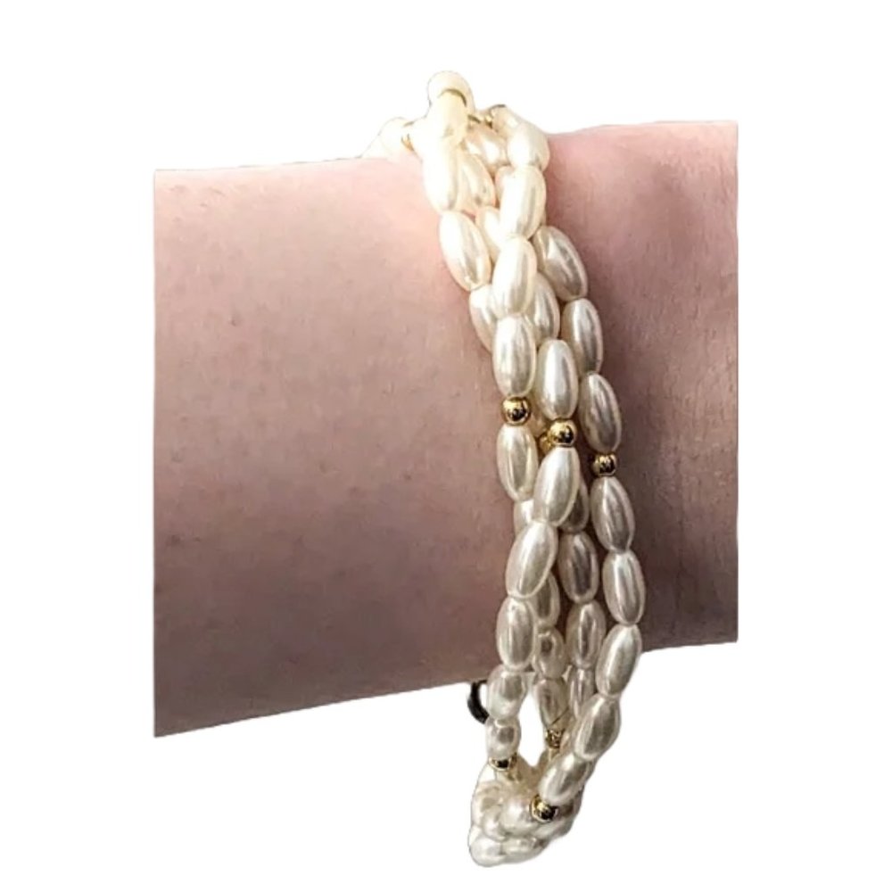 Vintage Multistrand Faux Pearl Bracelet With Gold Tone Beads